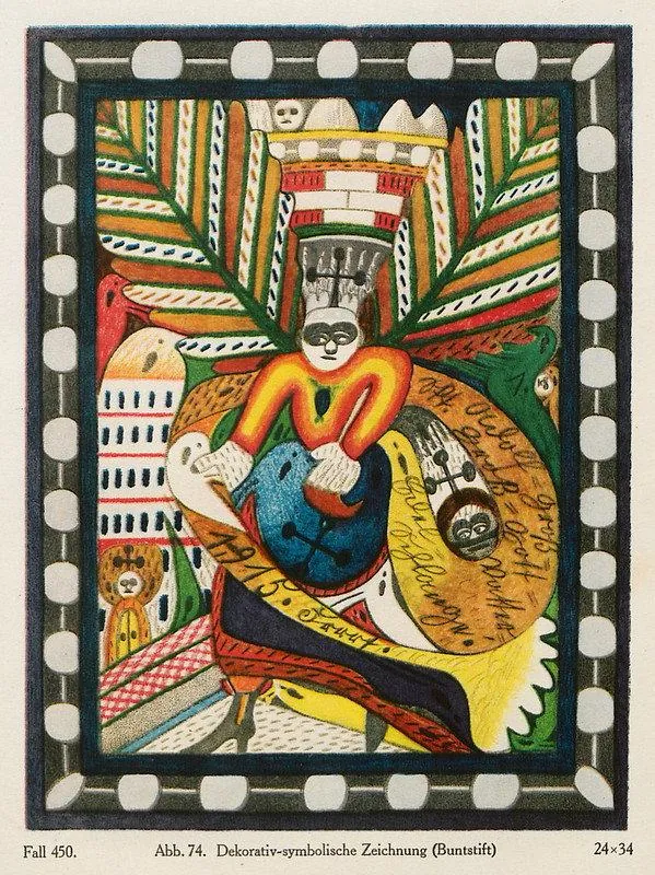 Colourful illustrated drawing with a patterned border